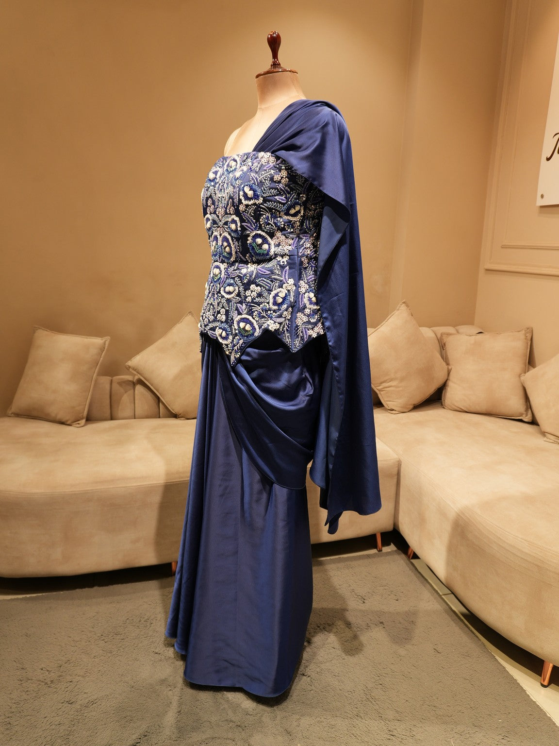 Royal blue embroidered corset with drape skirt