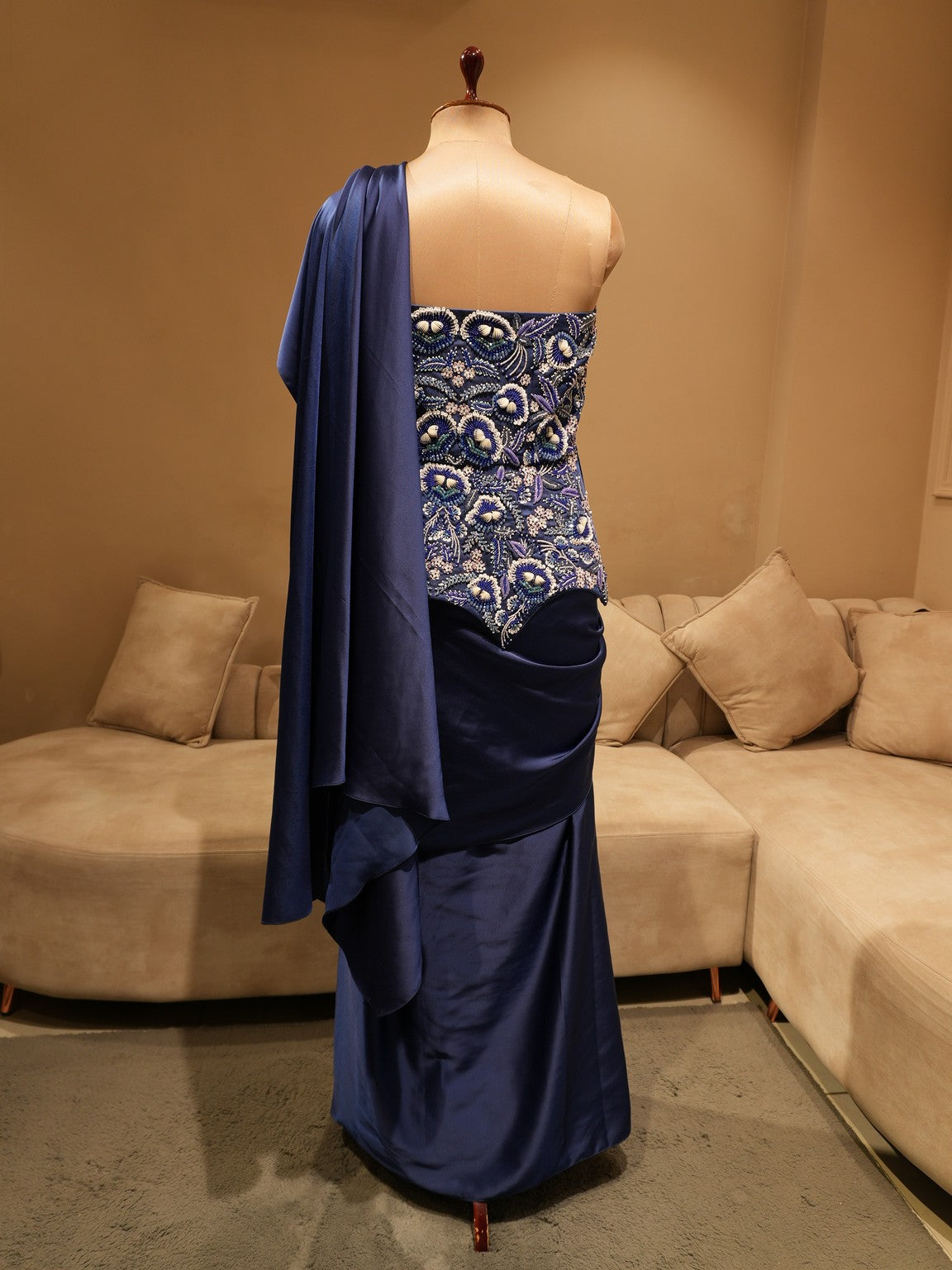 Royal blue embroidered corset with drape skirt
