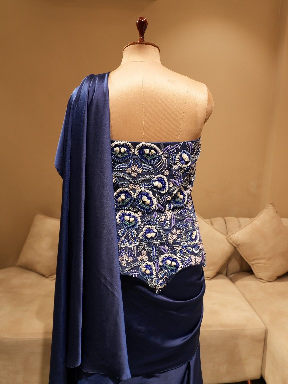 Royal blue embroidered corset with drape skirt