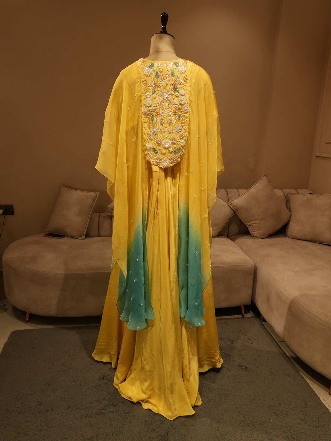 Yellow sea green shaded cape top with skirt