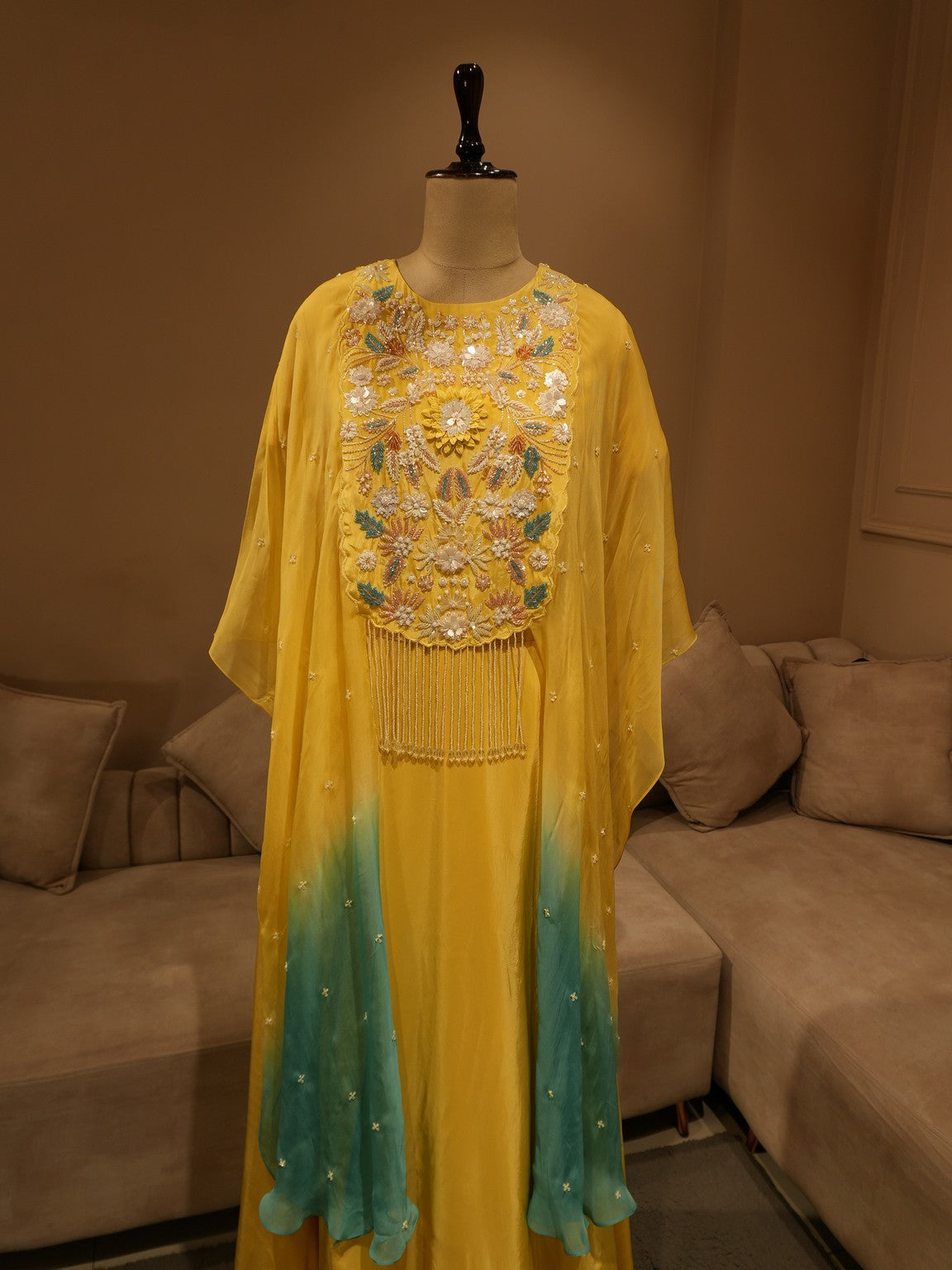 Yellow sea green shaded cape top with skirt