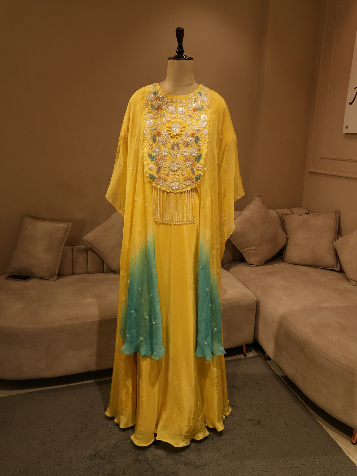 Yellow sea green shaded cape top with skirt