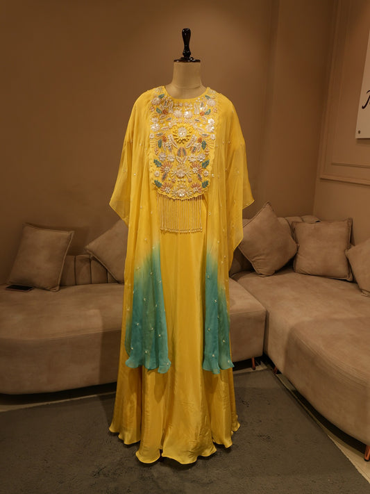 Yellow sea green shaded cape top with skirt