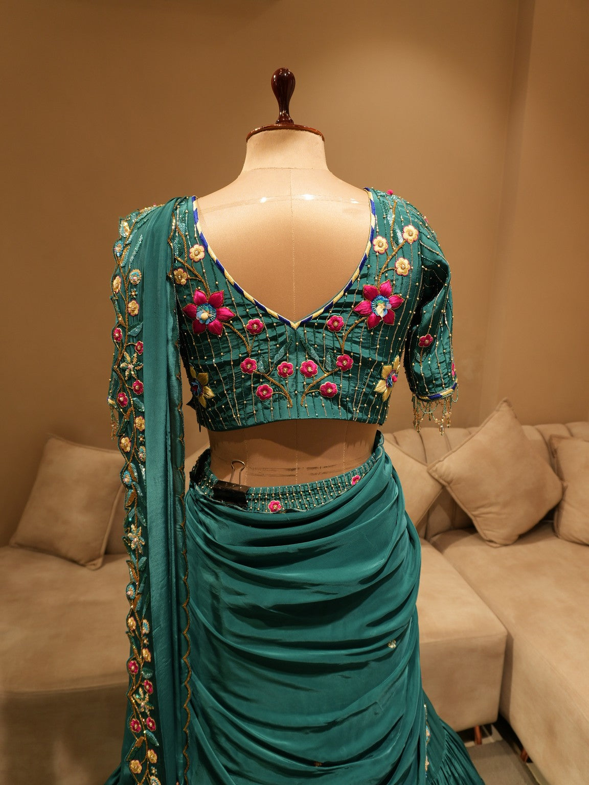 Teal green peacock fish cut lehenga set