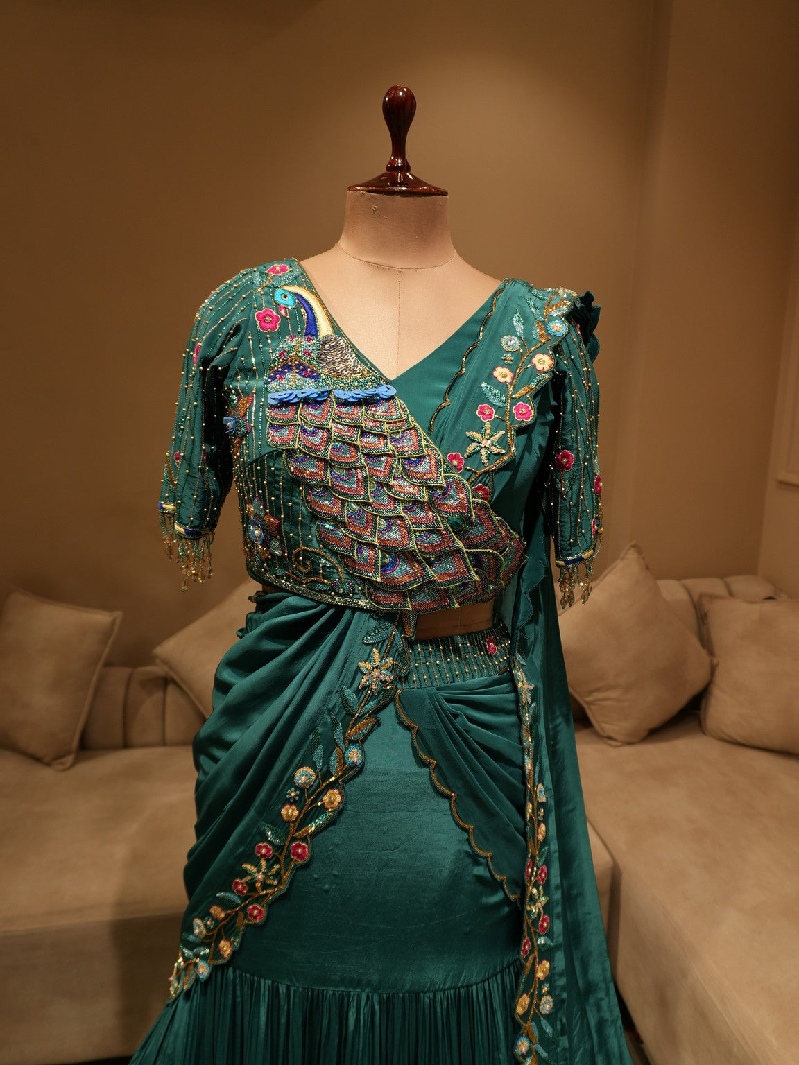 Teal green peacock fish cut lehenga set