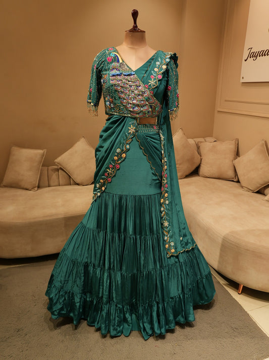 Teal green peacock fish cut lehenga set