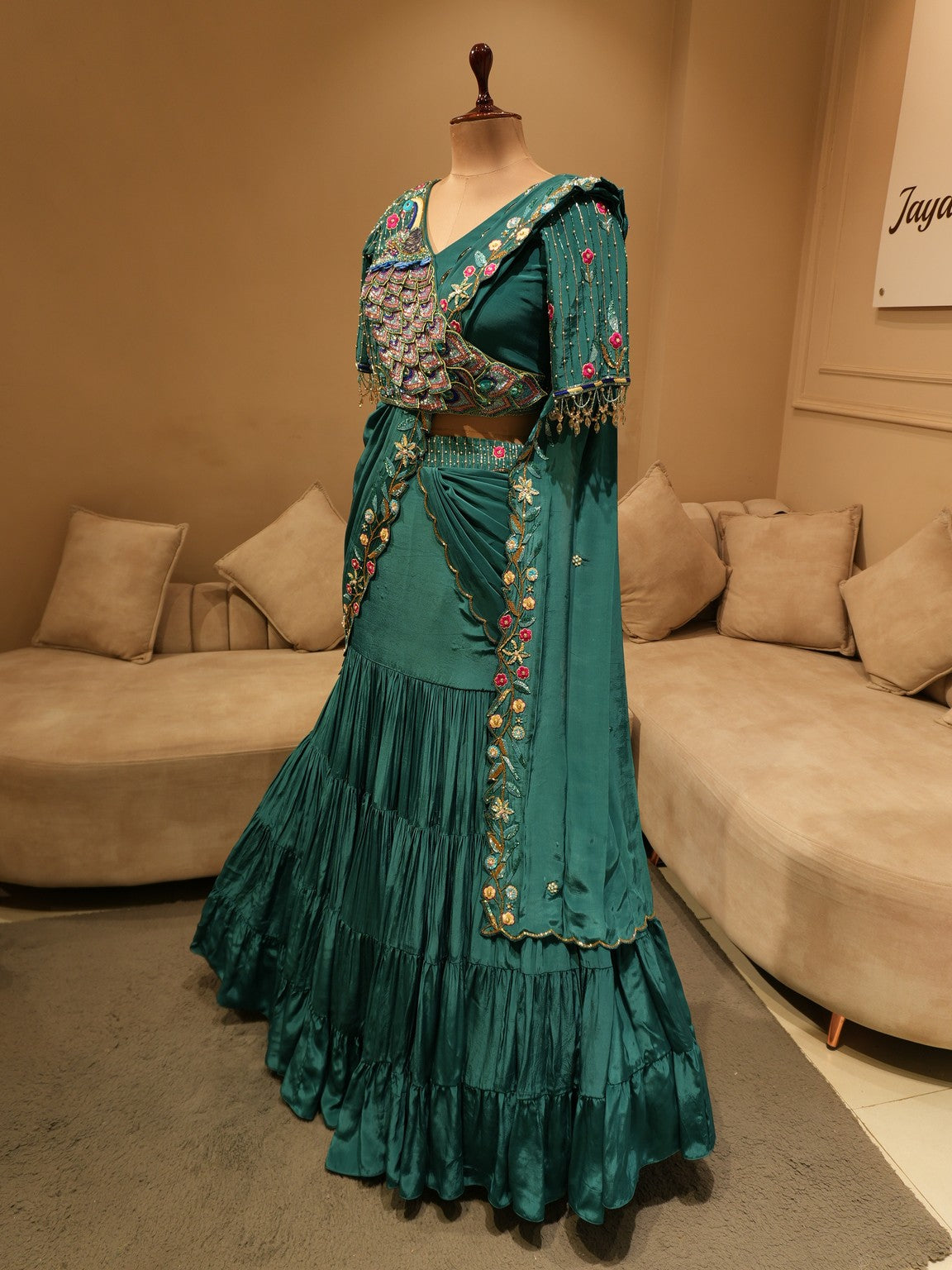 Teal green peacock fish cut lehenga set