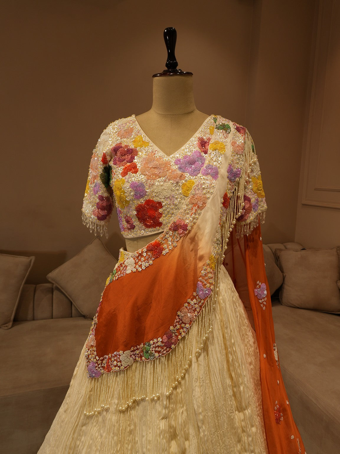 Off white brunt orange shaded lehenga set