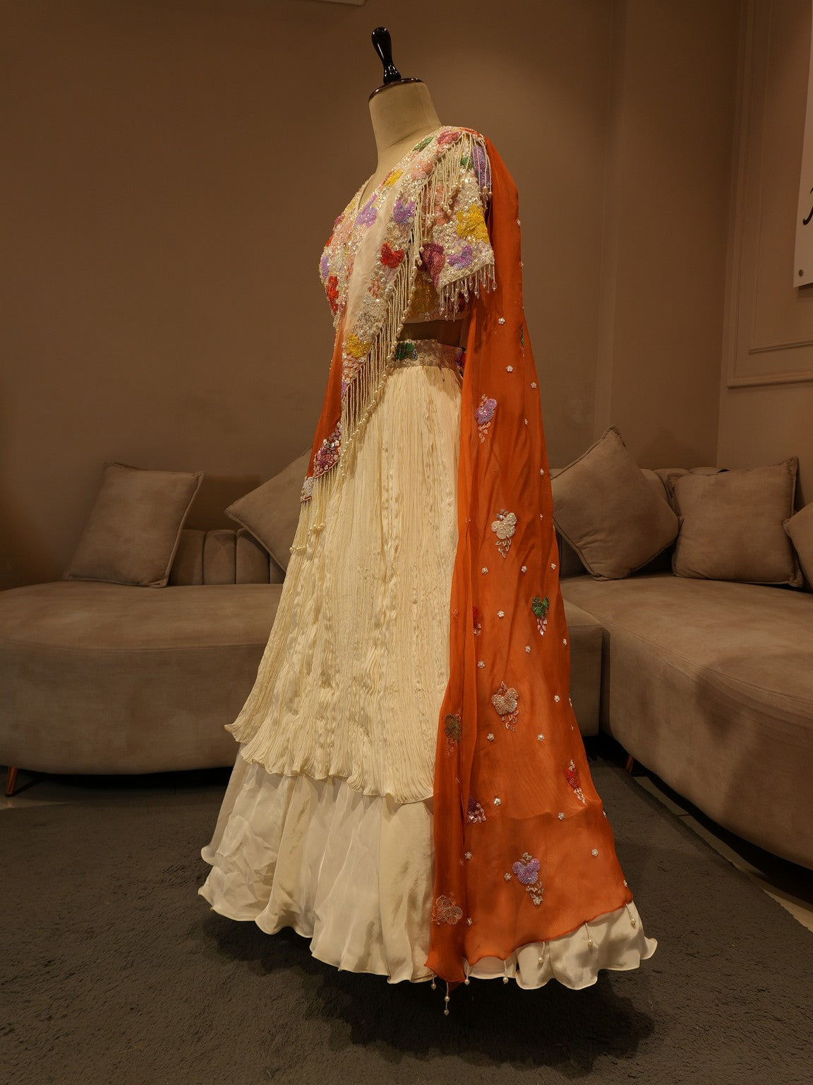 Off white brunt orange shaded lehenga set
