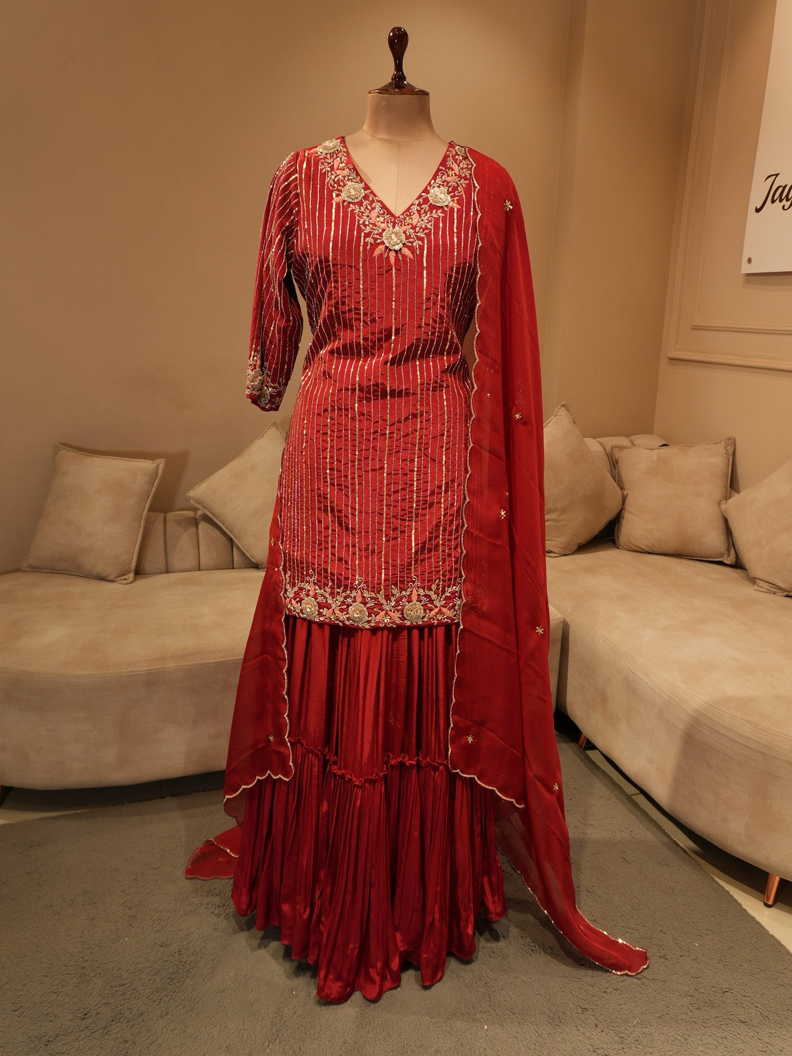 Hot red embroidered kurti with sharar and dupatta