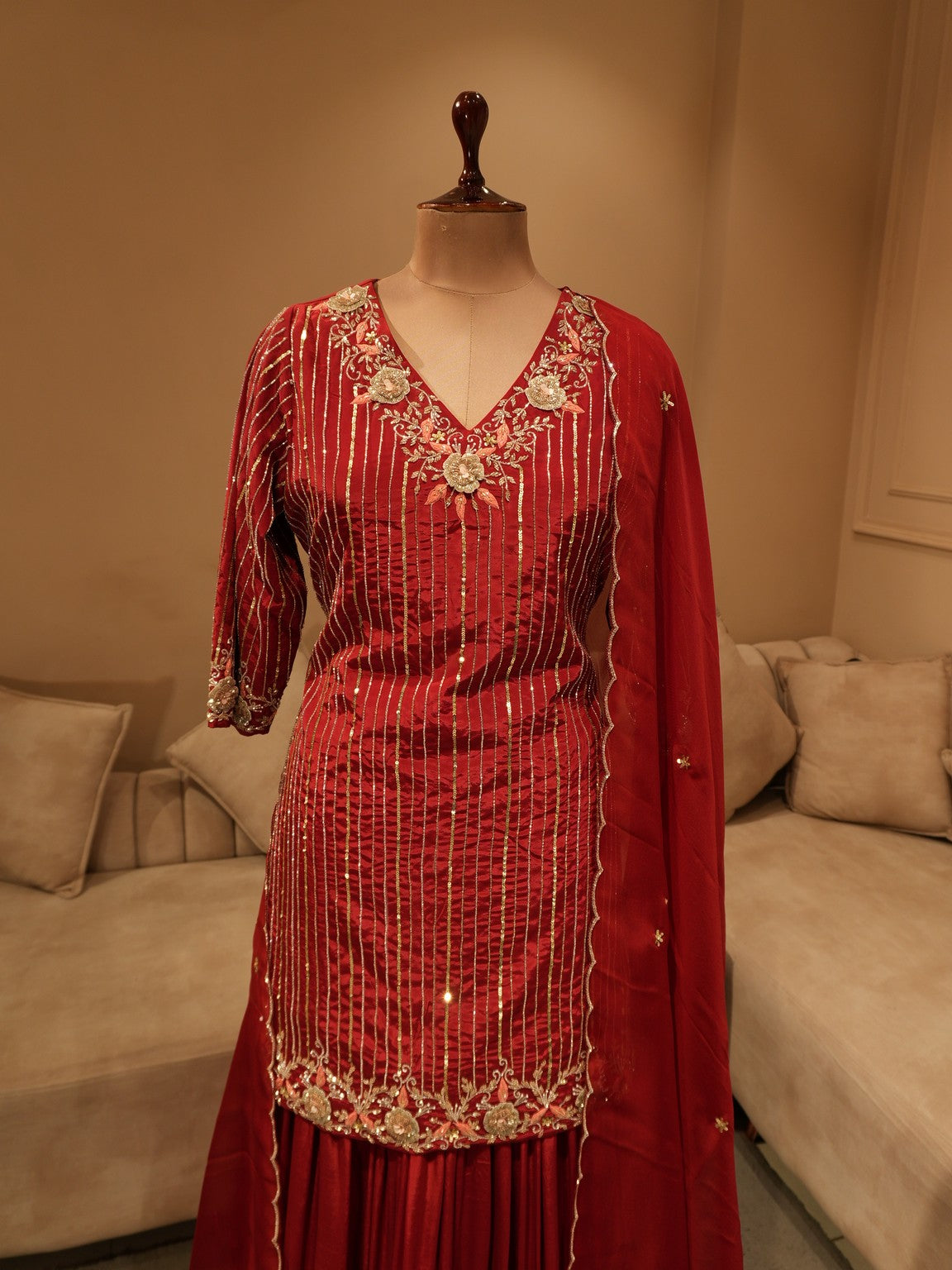 Hot red embroidered kurti with sharar and dupatta
