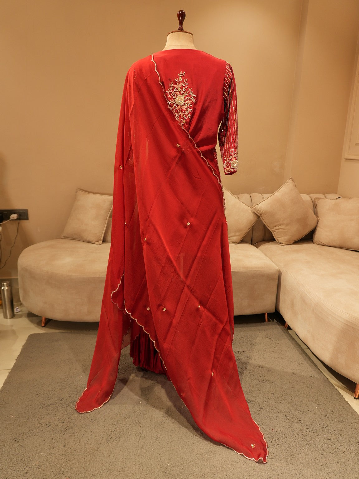 Hot red embroidered kurti with sharar and dupatta