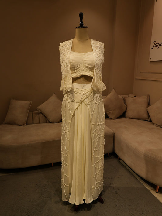 Pearl white cape top with drape skirt