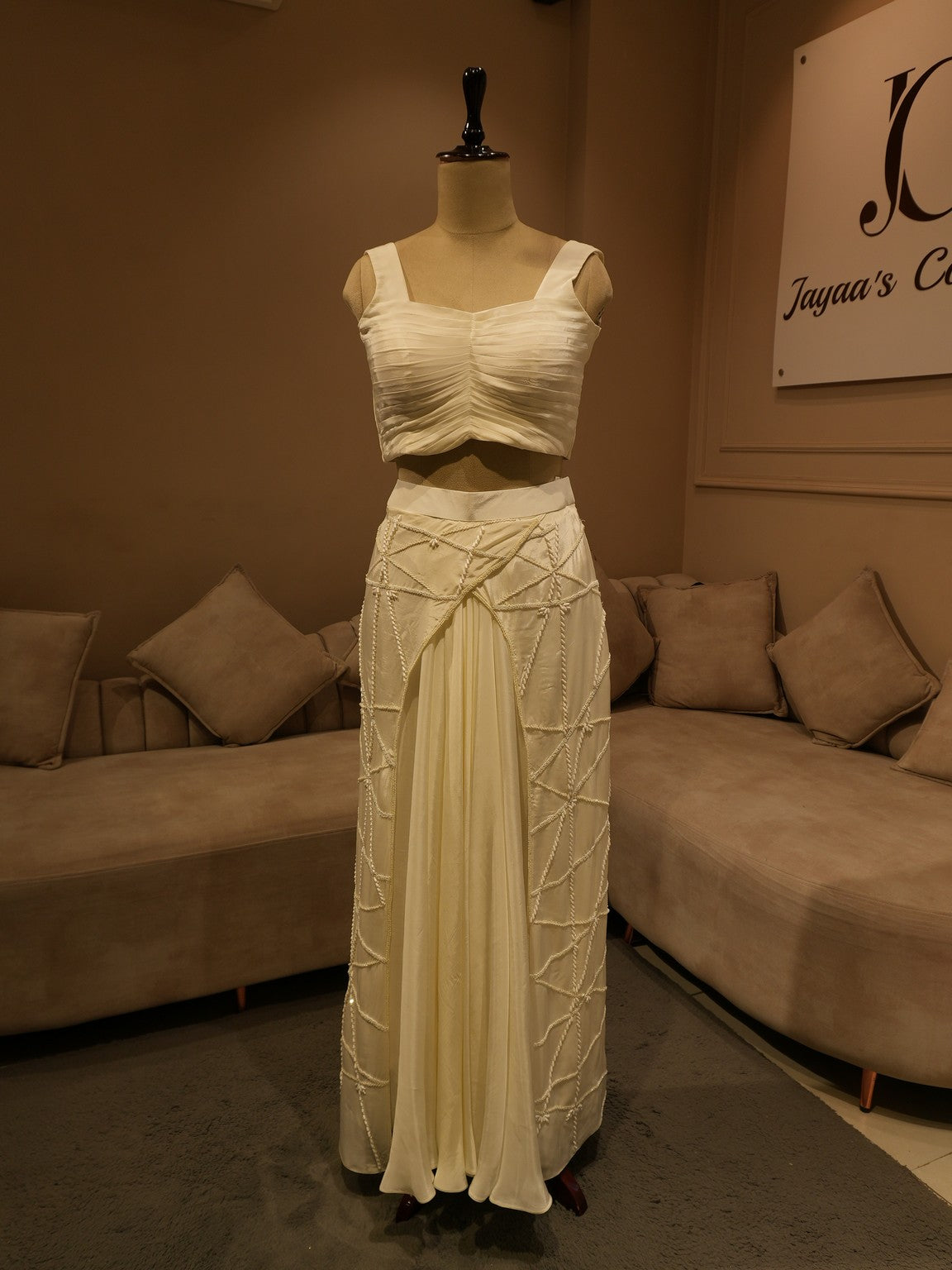 Pearl white cape top with drape skirt
