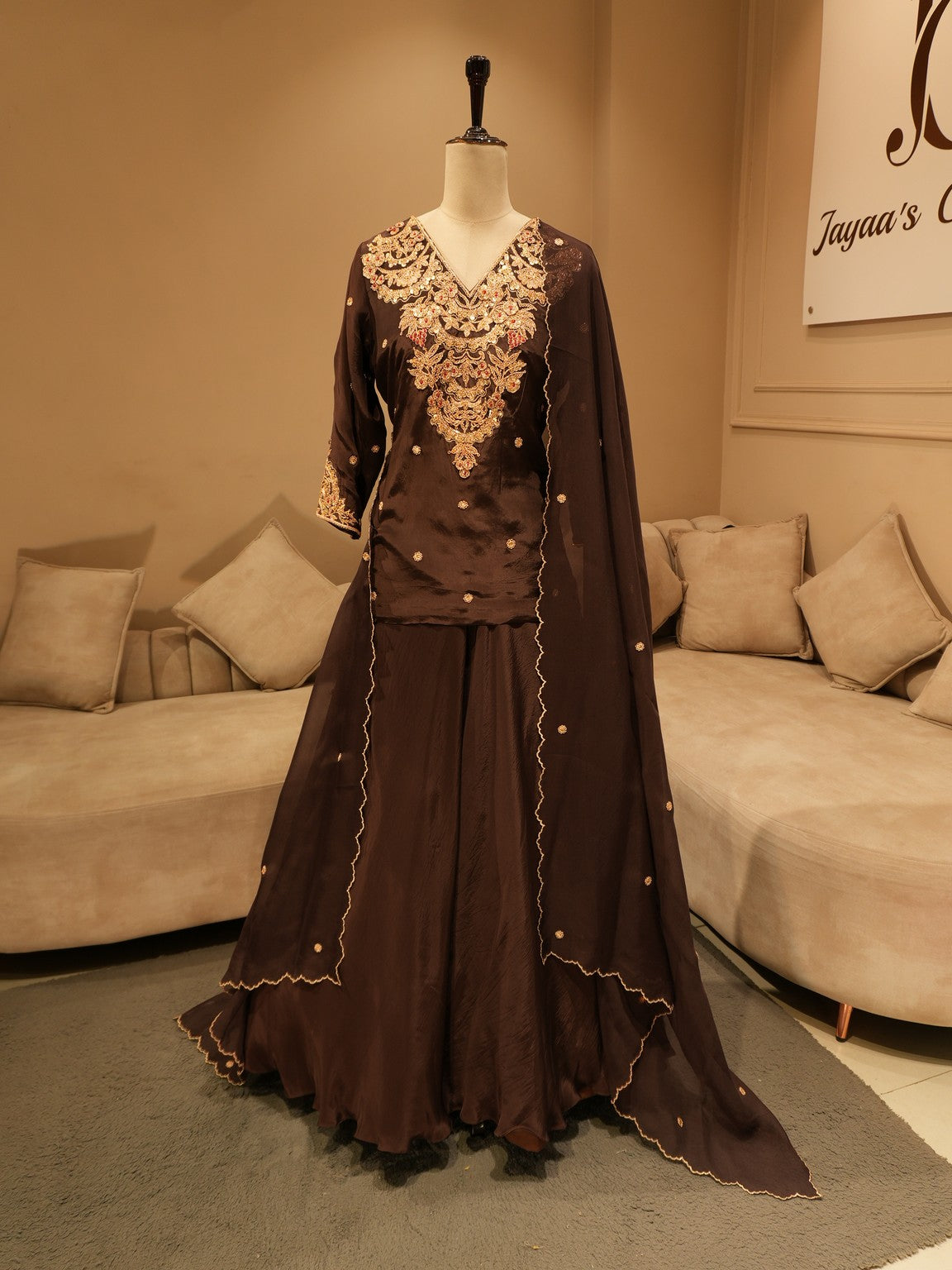 Brown embroidered kurti with skirt dupatta