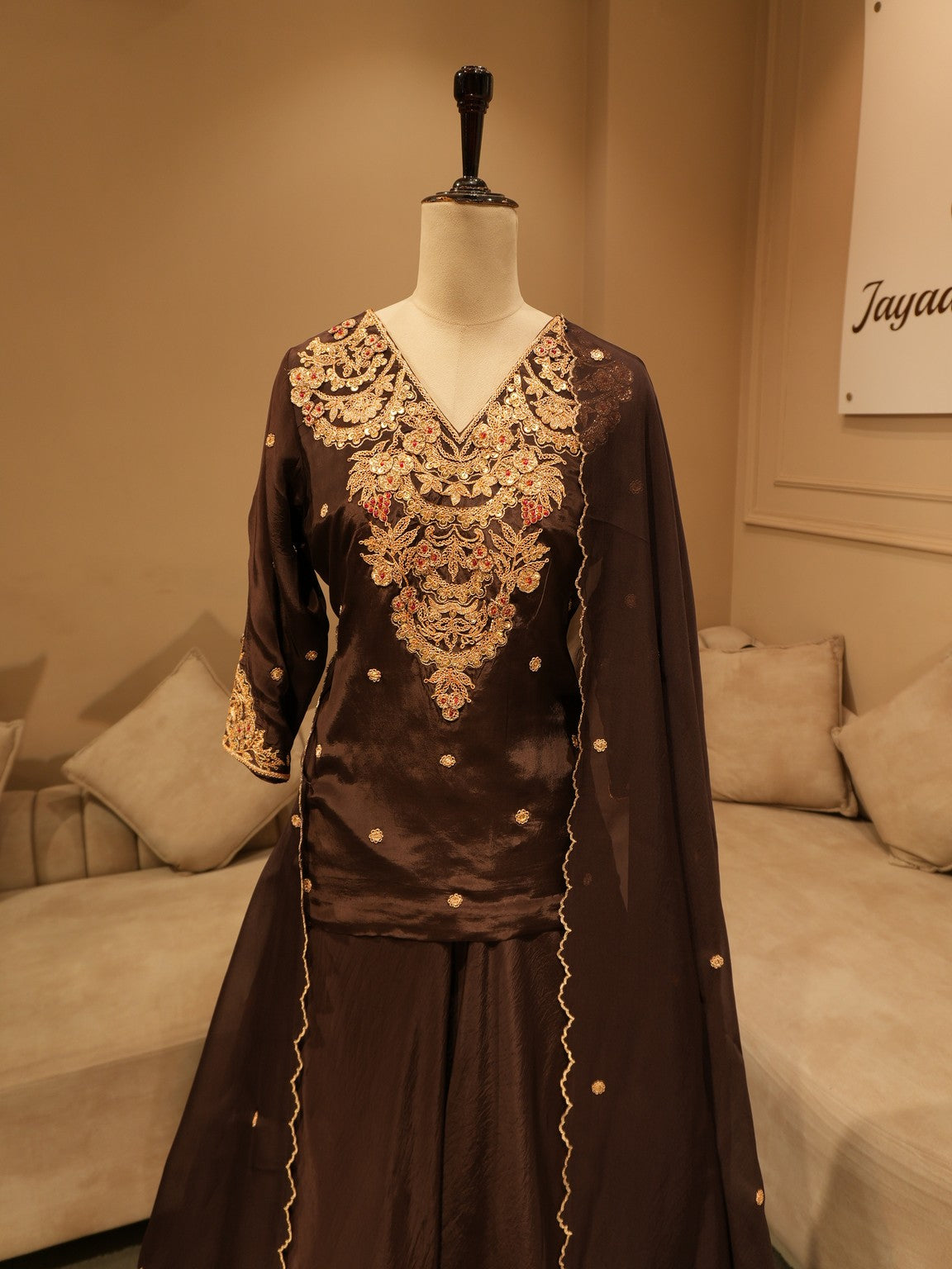 Brown embroidered kurti with skirt dupatta