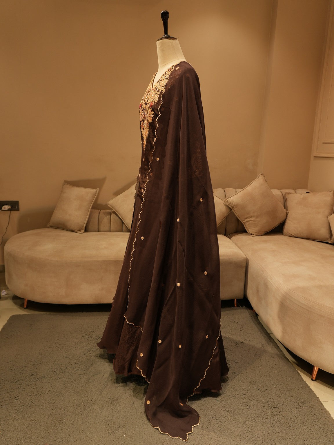 Brown embroidered kurti with skirt dupatta