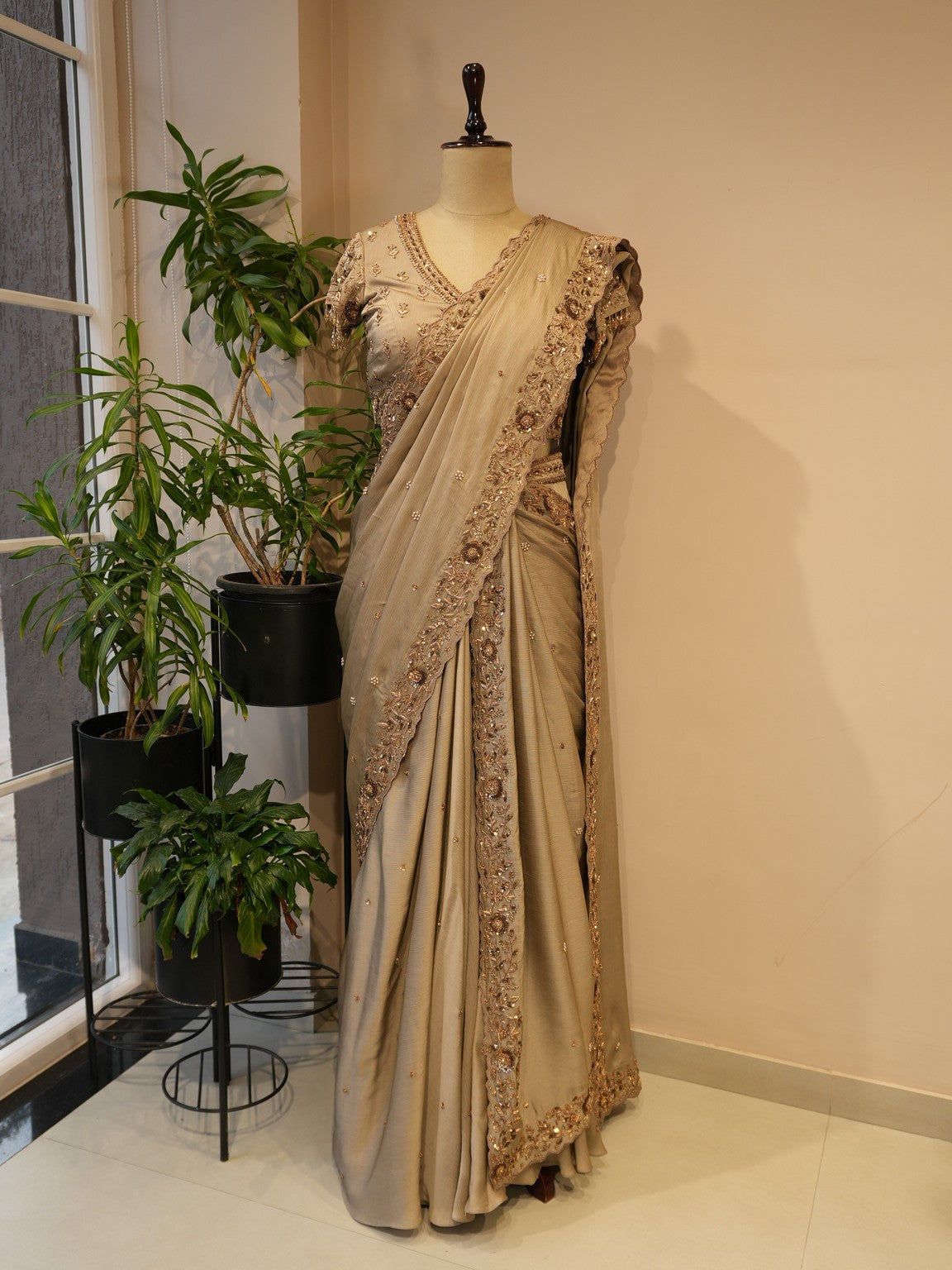 Metallic beige embroidered saree
