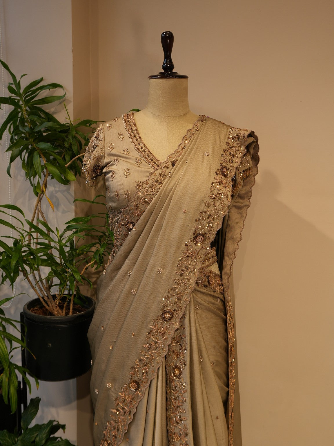 Metallic beige embroidered saree