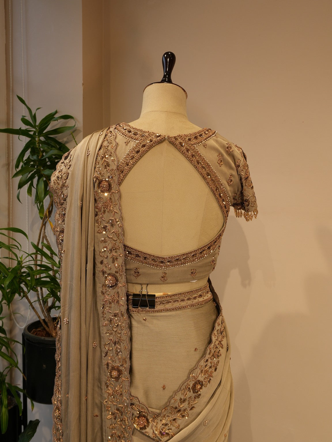 Metallic beige embroidered saree