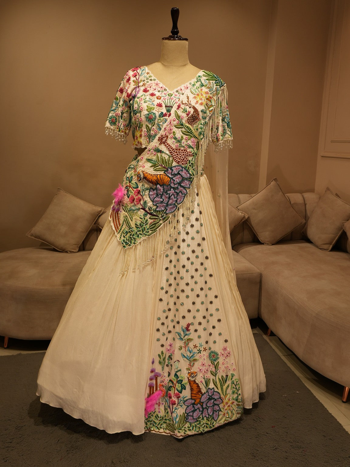 White tropical pleted lehenga set
