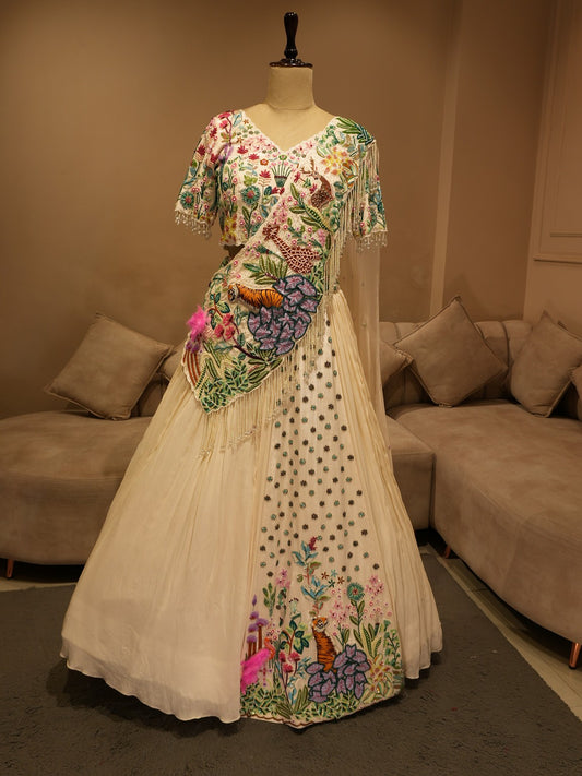 White tropical pleted lehenga set