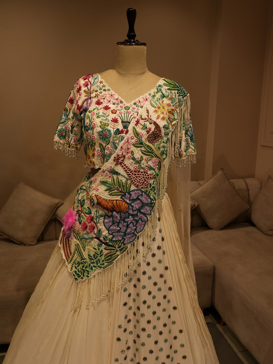 White tropical pleted lehenga set