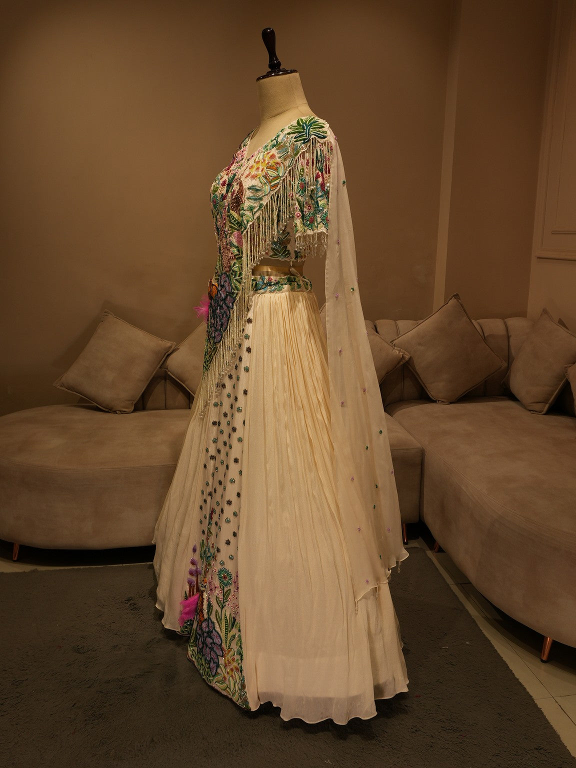 White tropical pleted lehenga set