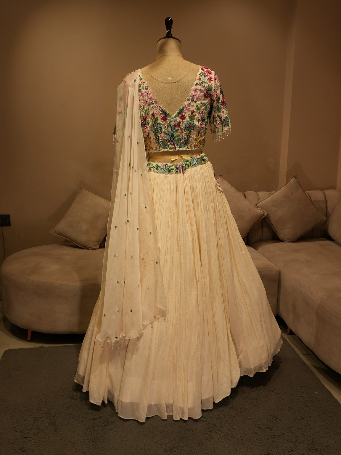 White tropical pleted lehenga set