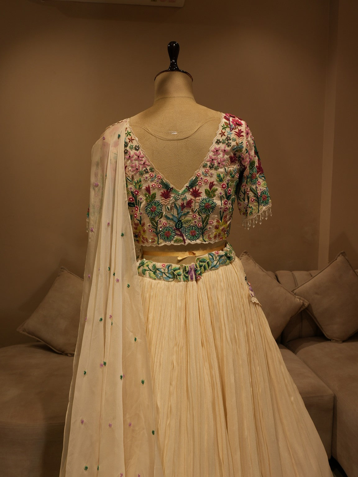 White tropical pleted lehenga set