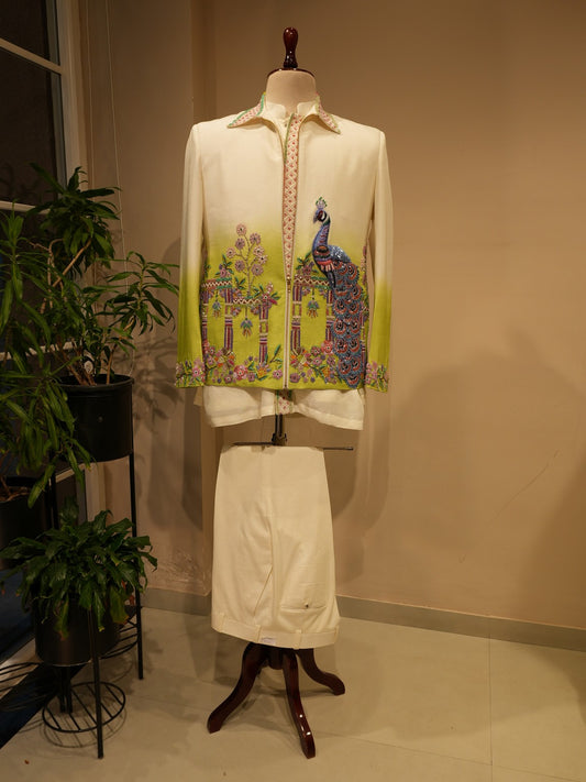 Green shaded peacock mens bobmber jacket with shirt pants