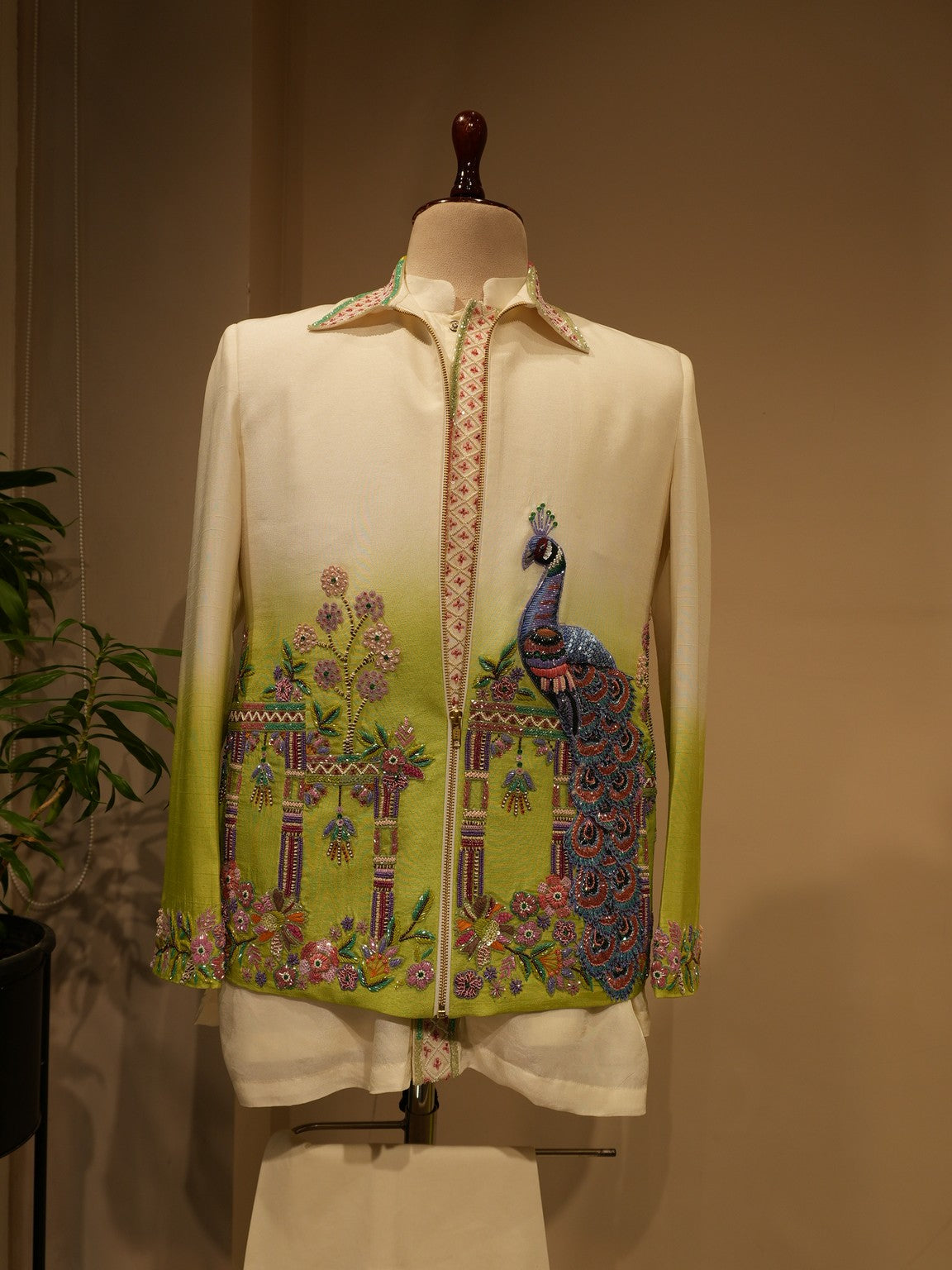 Green shaded peacock mens bobmber jacket with shirt pants