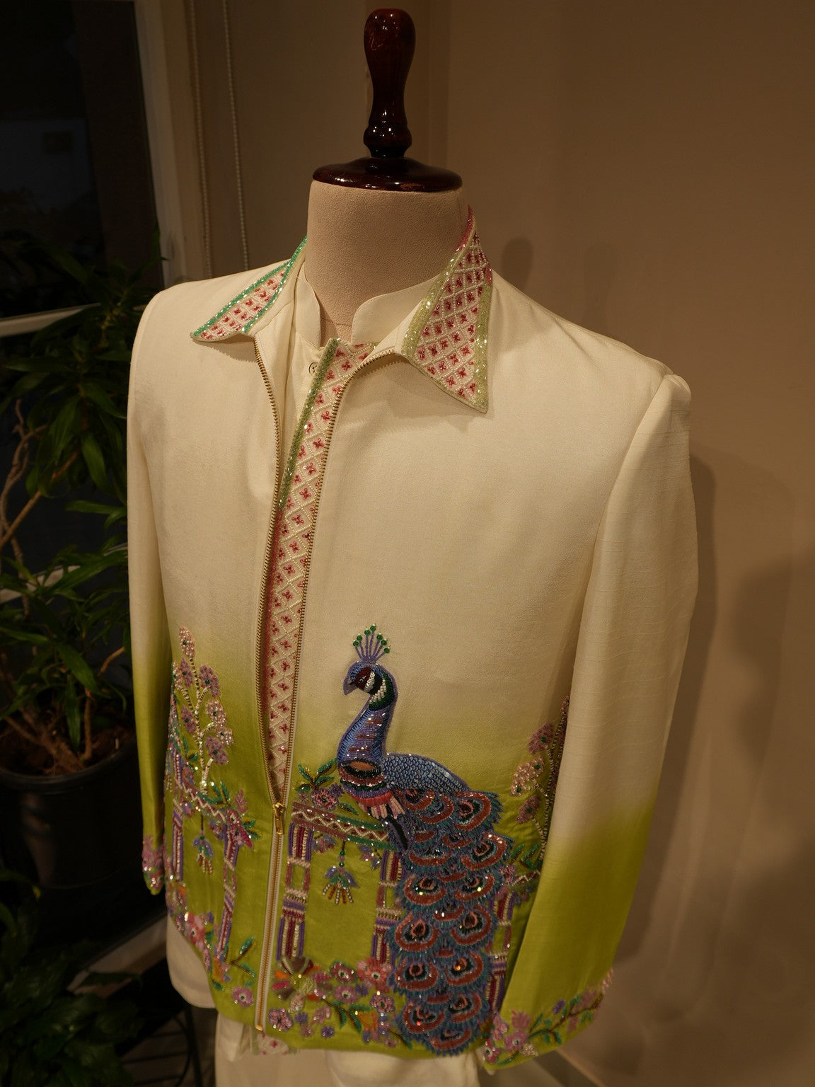 Green shaded peacock mens bobmber jacket with shirt pants