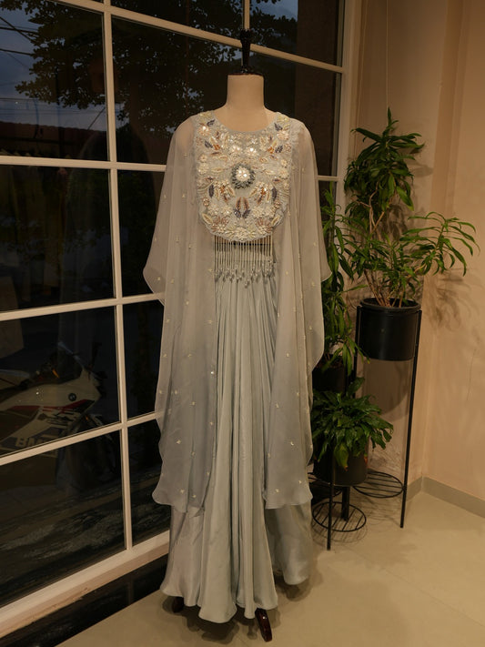 Grey cape top with drape skirt