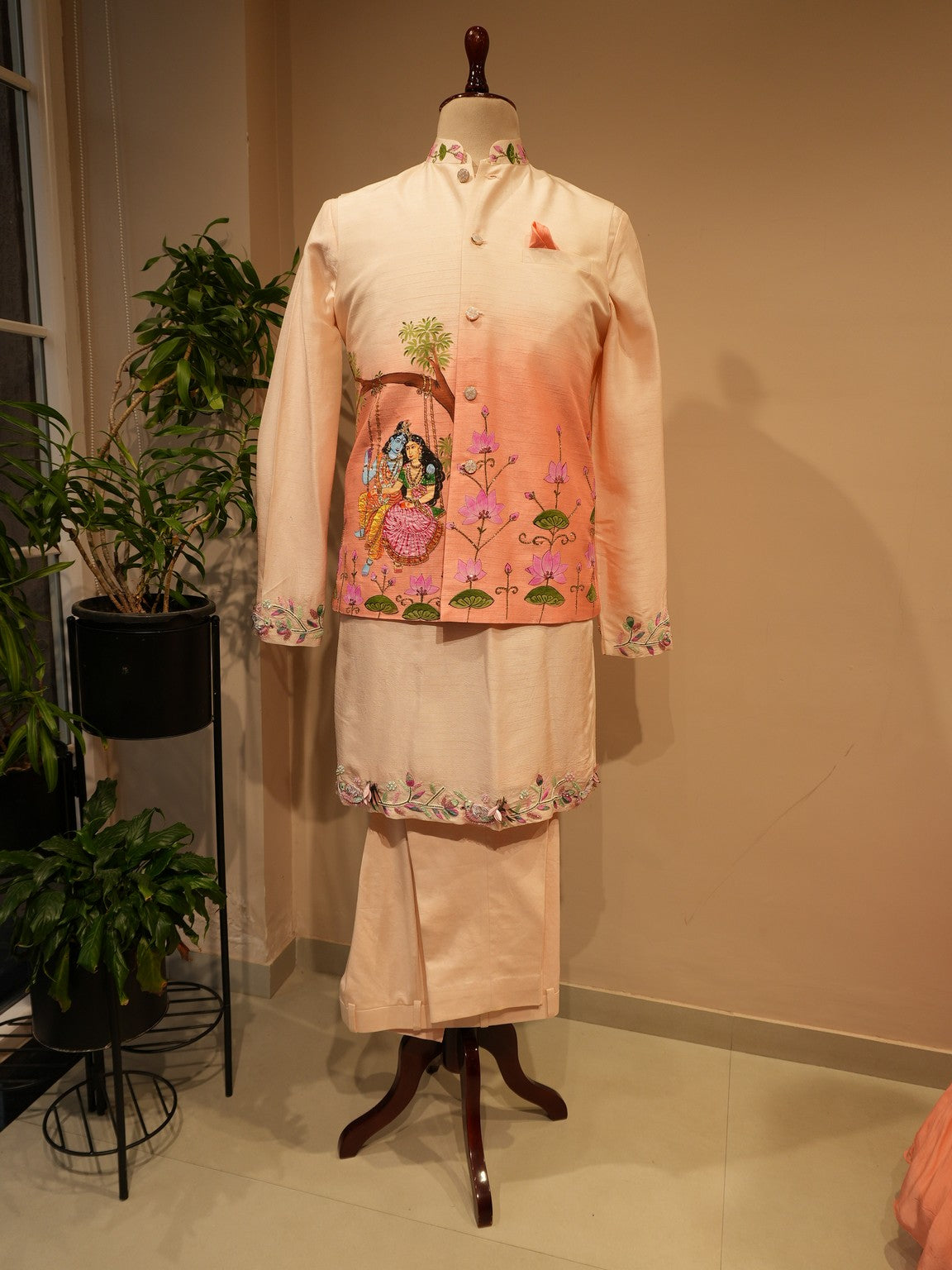Peach shaded Radhakrishnaji handpainted Mens Nehru jacket with Kurta pants