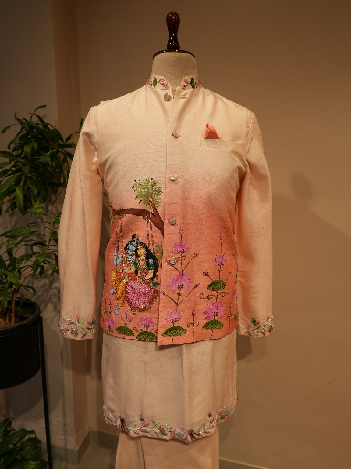 Peach shaded Radhakrishnaji handpainted Mens Nehru jacket with Kurta pants