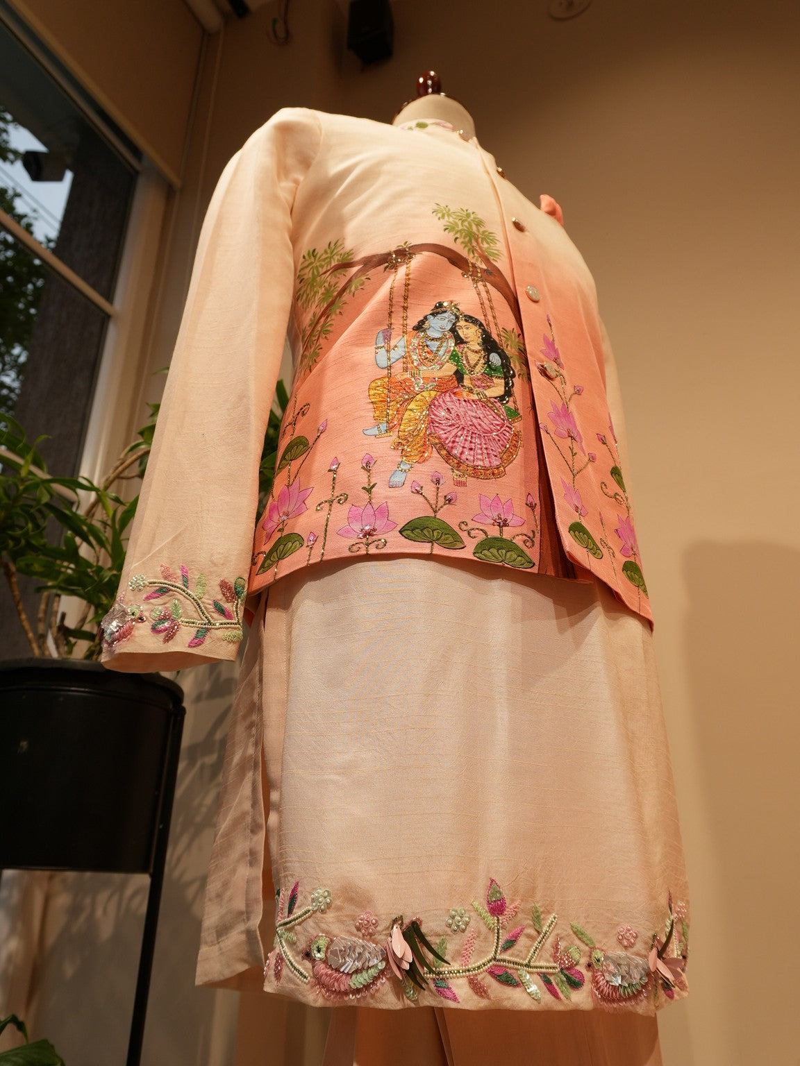 Peach shaded Radhakrishnaji handpainted Mens Nehru jacket with Kurta pants