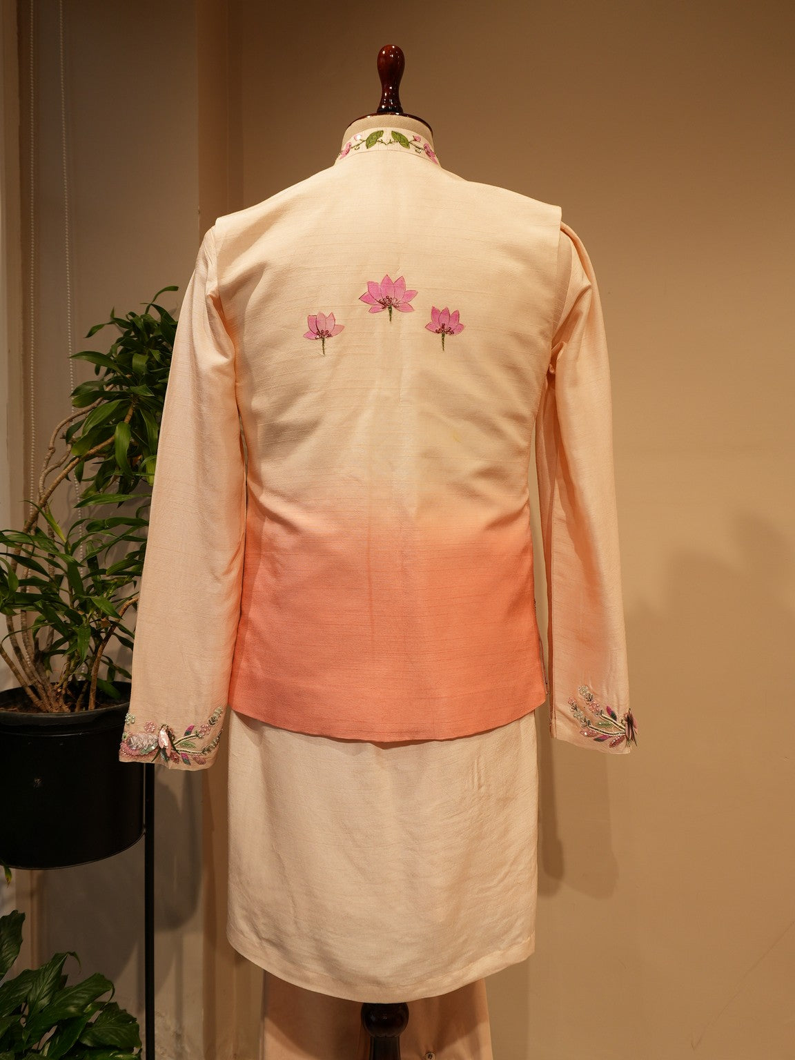 Peach shaded Radhakrishnaji handpainted Mens Nehru jacket with Kurta pants