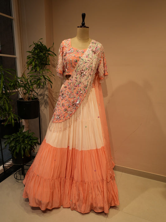 Peach shade Radha Krishan Ji Hand painted Lehenga