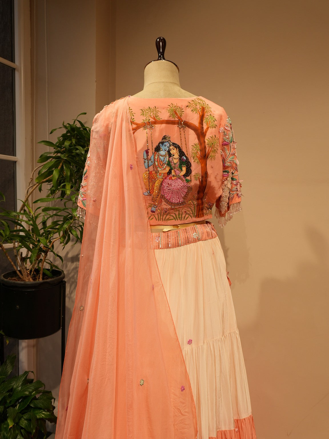 Peach shade Radha Krishan Ji Hand painted Lehenga