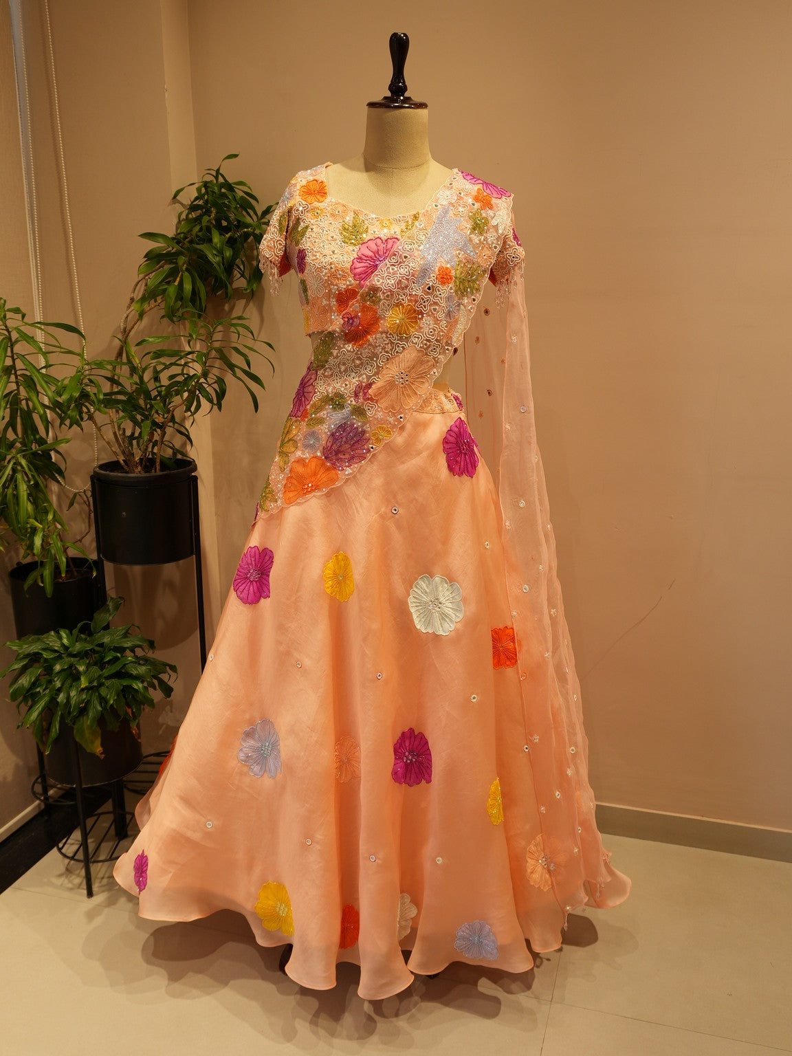 Peach applique lehenga set