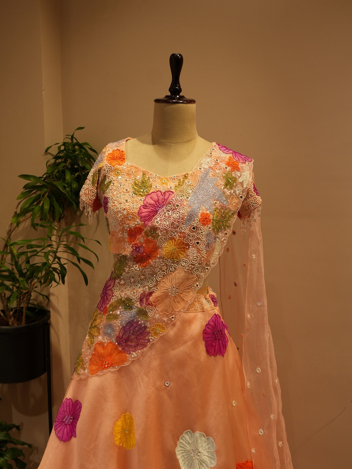 Peach applique lehenga set