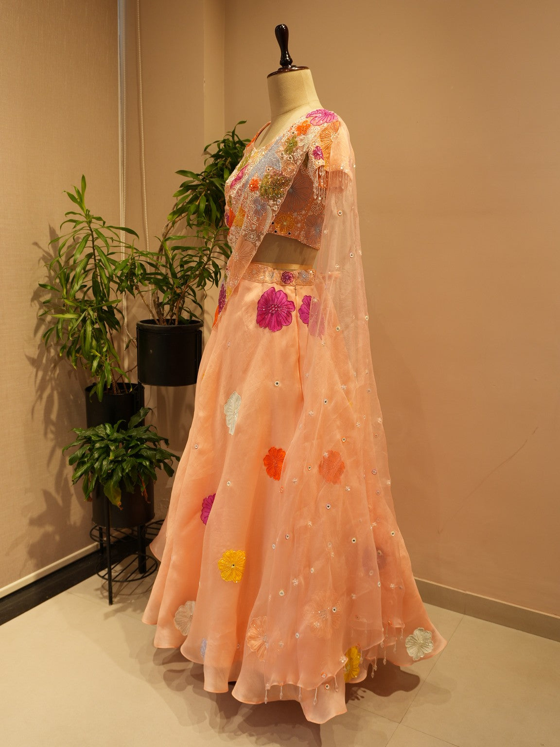 Peach applique lehenga set