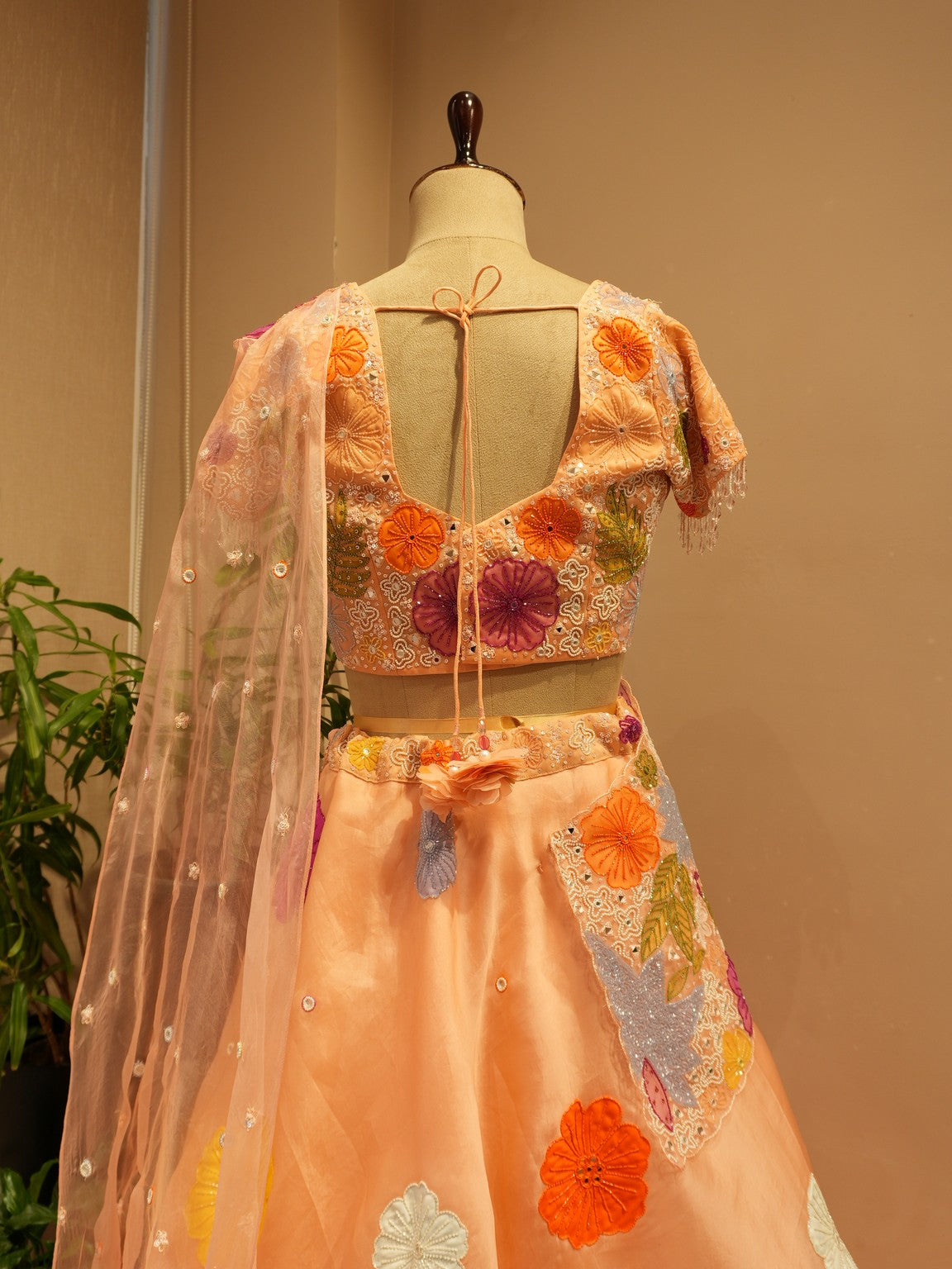 Peach applique lehenga set