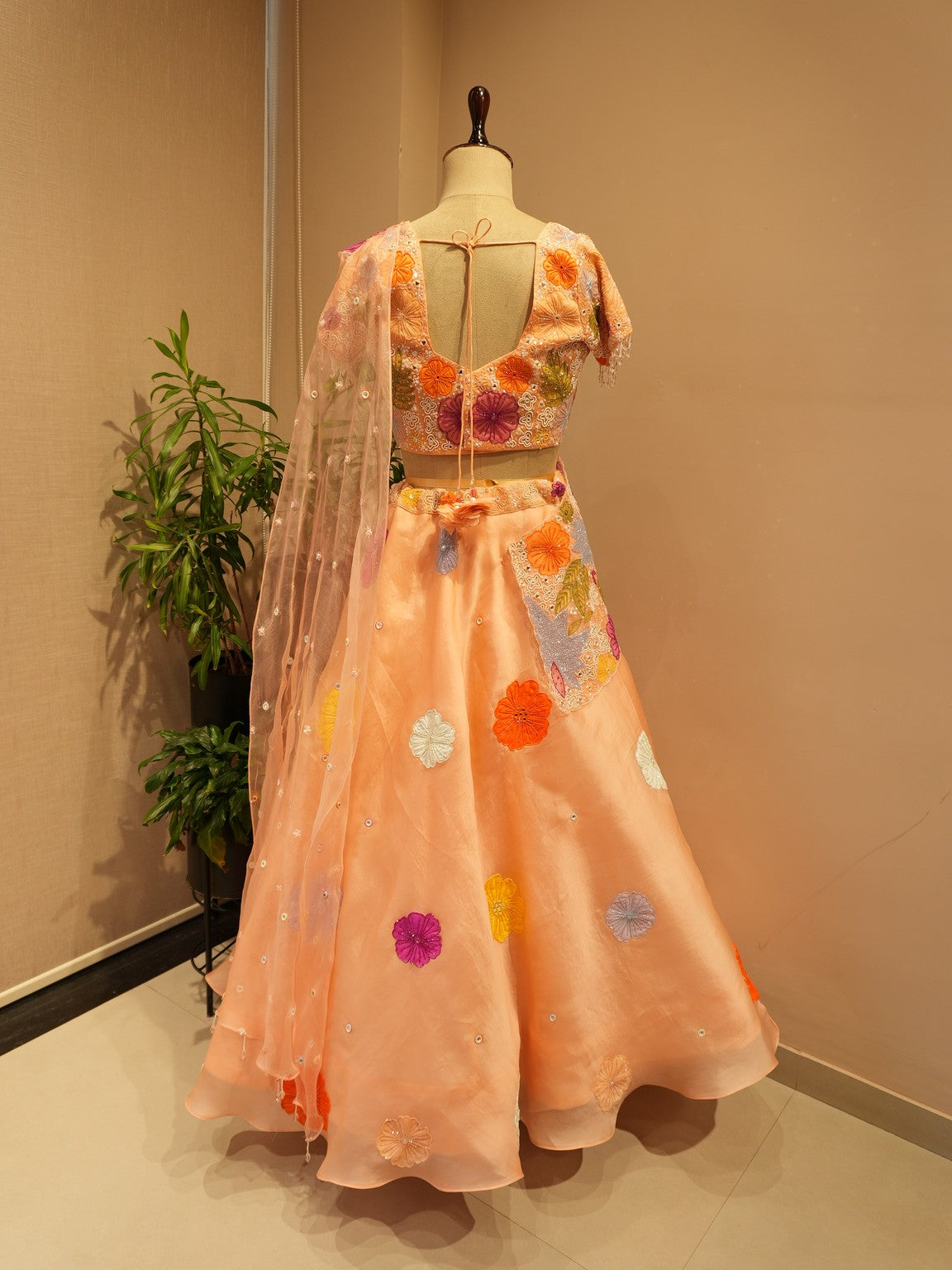 Peach applique lehenga set