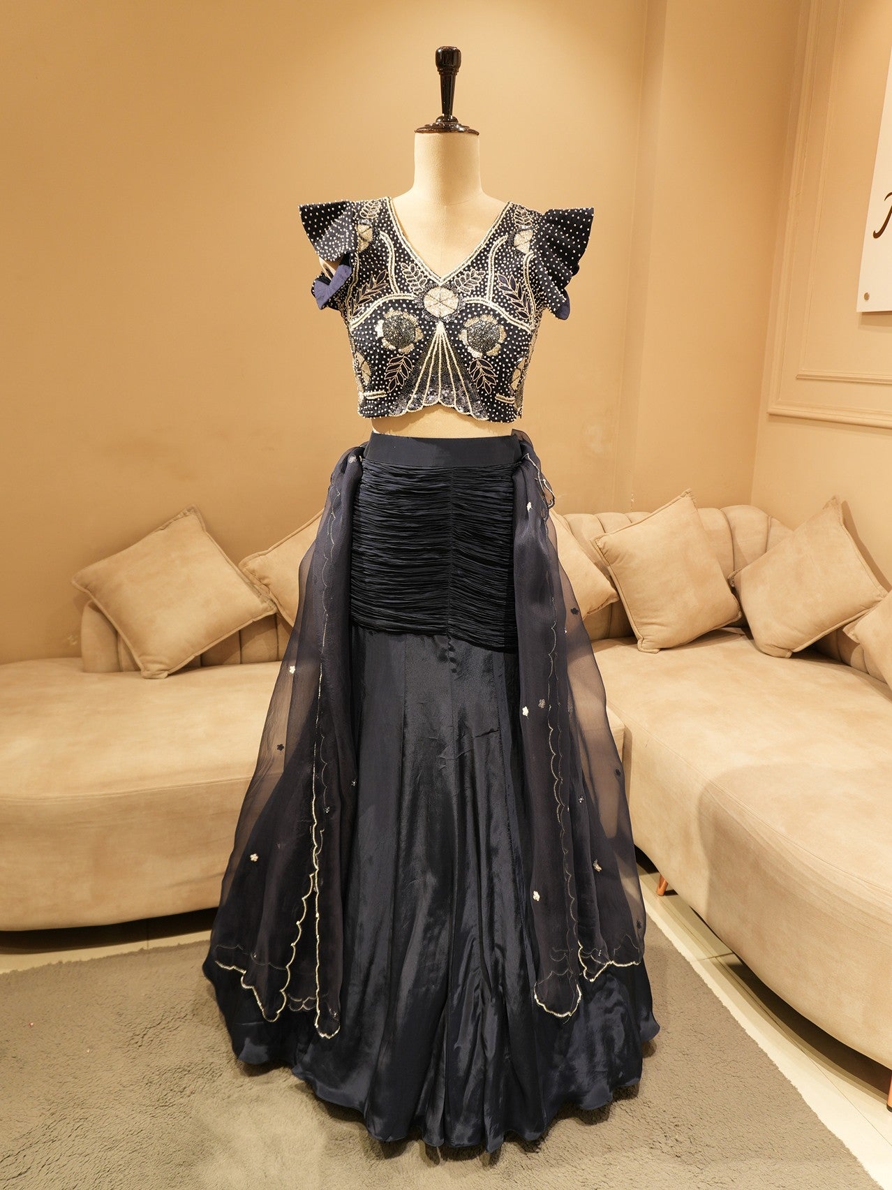 Navy blue crop top with drape skirt and dupatta