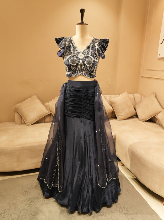 Navy blue crop top with drape skirt and dupatta