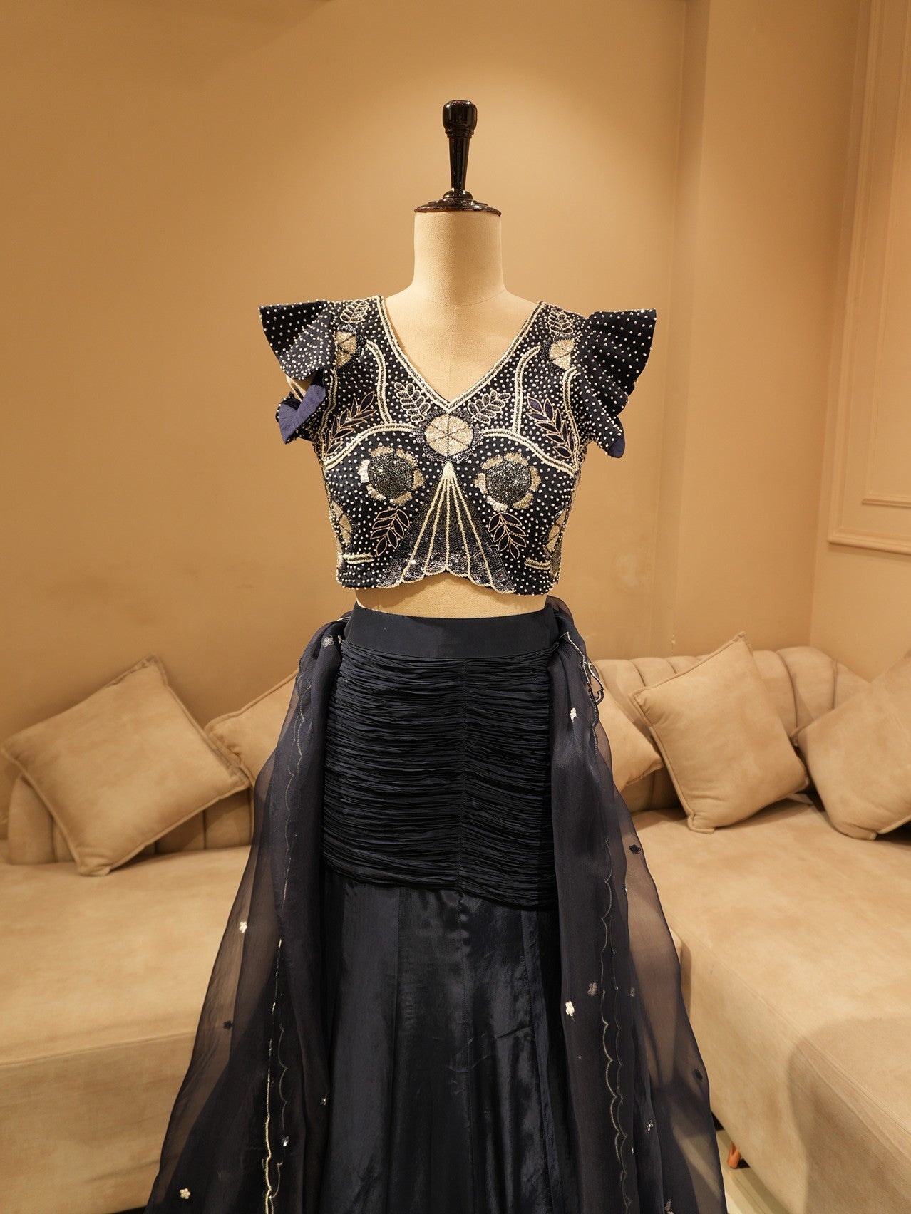 Navy blue crop top with drape skirt and dupatta
