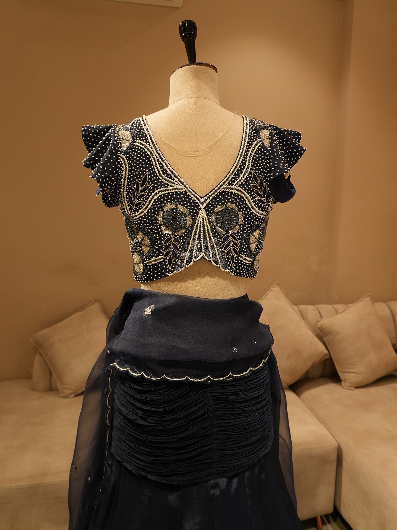 Navy blue crop top with drape skirt and dupatta