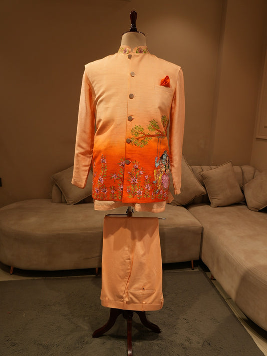 Rust orange shaded radha krishna ji hand painted mens neheru jacket kurta pants